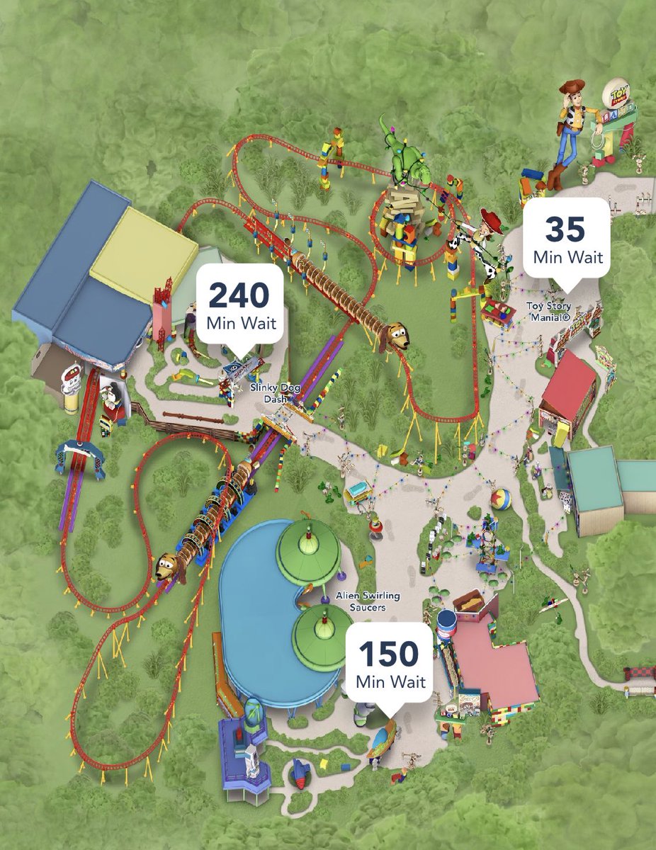 WDWNT's tweet image. All the wait times in #ToyStoryLand (remember when Toy Story Mania had those times?)