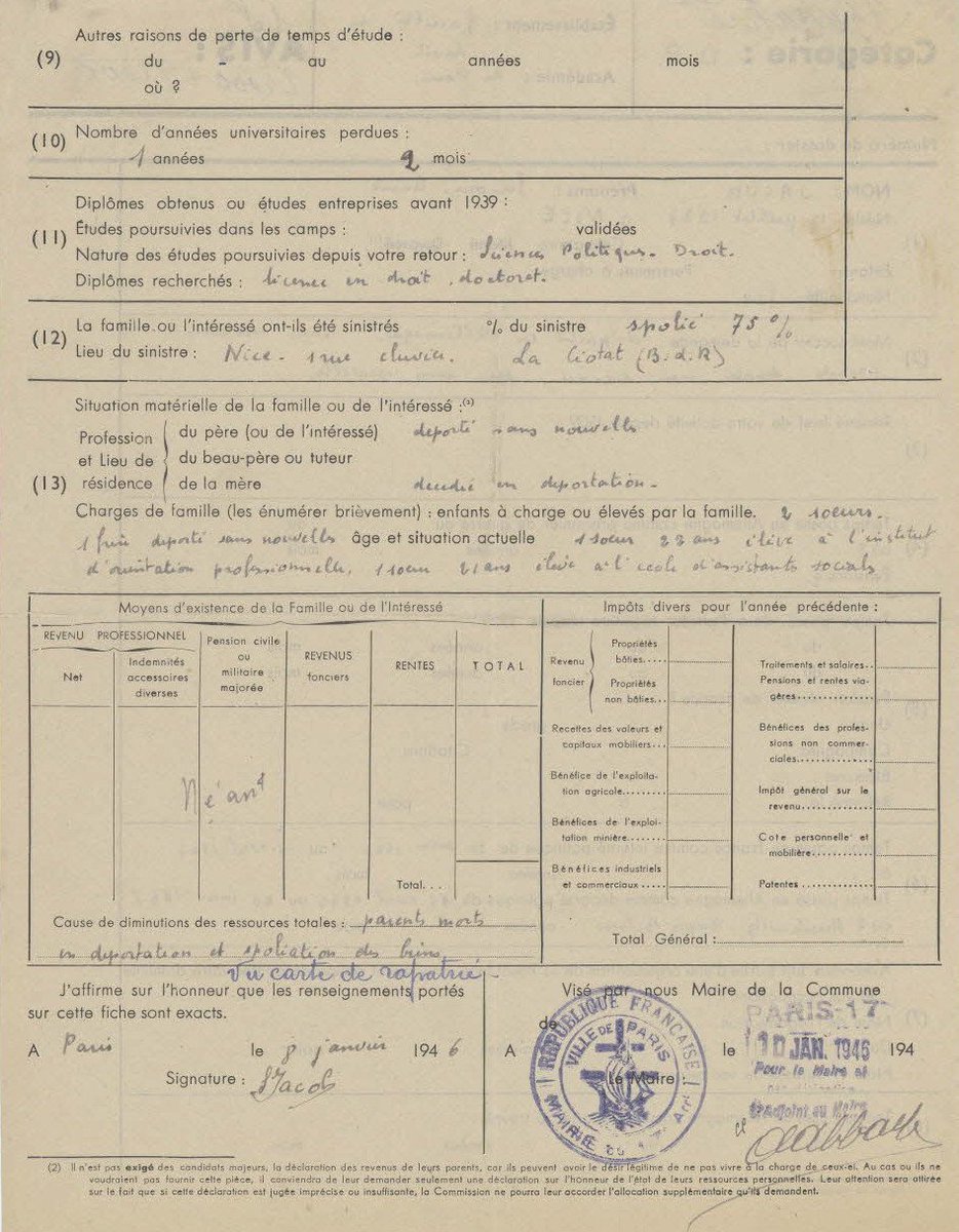 ArchivesnatFr's tweet photo. #rétrospective #Archives #SimoneVeil Découvrez le formulaire de demande de bourse rempli par Simone Jacob le 8 janvier 1946 pour pouvoir intégrer la faculté de droit de Paris. https://t.co/1Ubbv7p0p8