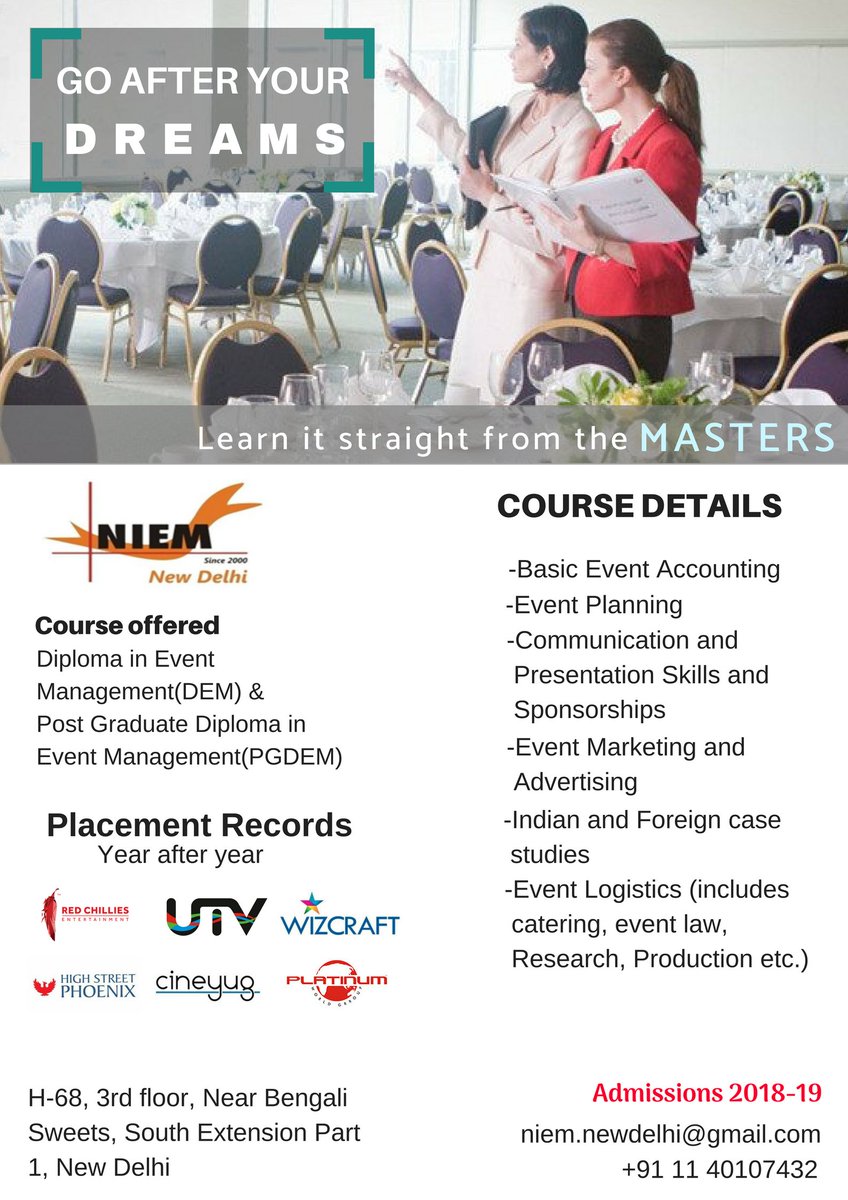 new_niem's tweet photo. Learn the fundamentals of developing and managing #events of any size.
Gain the skills to design, administer events and to manage #eventoperations and risks.
For registration Call +91 11 40107432 or visit 
https://t.co/b7xUqG9E9A
#NIEM #EventManagement #DEM #PGDEM
#NewDelhi https://t.co/0qehPaJbzM