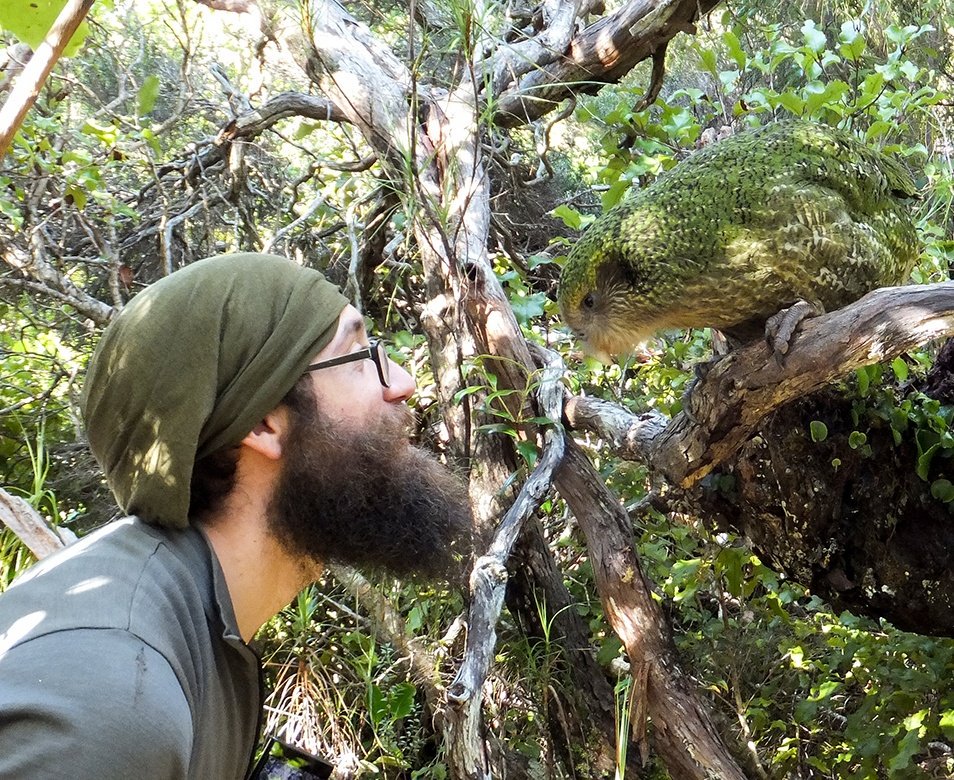 Kākāpō ranger Jake with Hugh the kākāpō