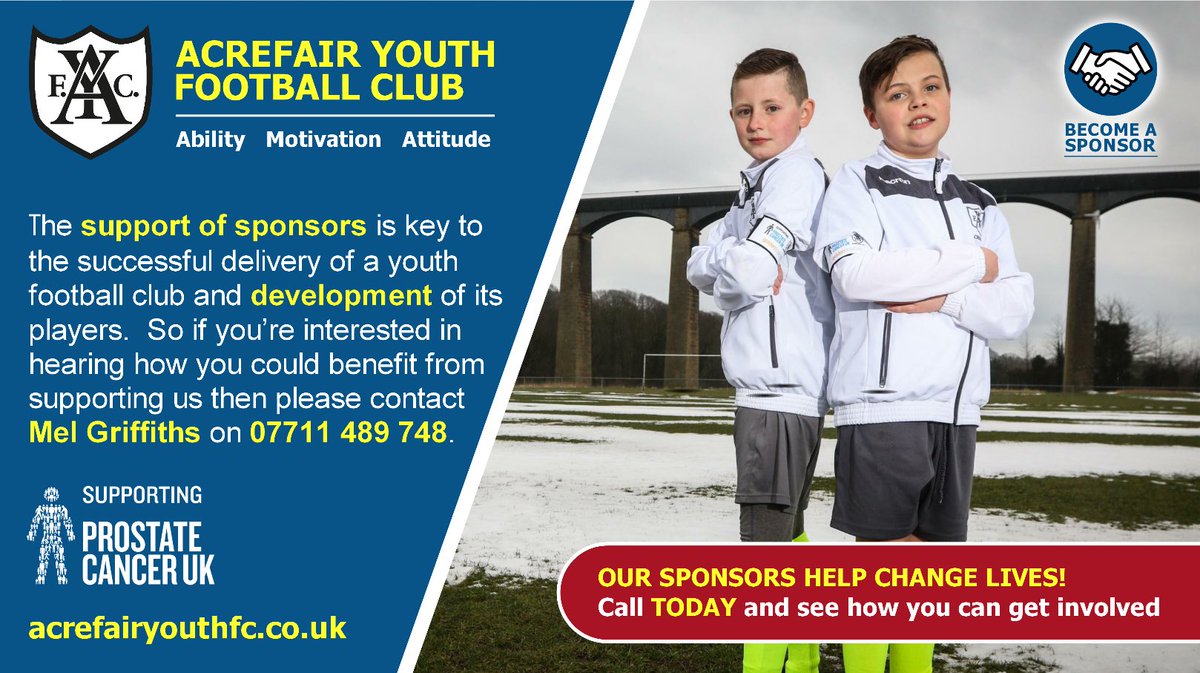 Acrefair Youth FC (@acrefairyfc) on Twitter photo <a href="/AcrefairYFC/">Acrefair Youth FC</a> are looking for sponsors for the forthcoming 2018/19 season to sponsor players match day & training kits. Our sponsors help change lives. See how you can help by calling Mel Griffiths on 07711489748.
#TogetherWeStand
<a href="/welshfootie/">welshfootie</a> <a href="/ActiveWrexham/">Wrecsam Egniol / Active Wrexham</a> @WrexhamGrowth <a href="/AcrefairYFC/">Acrefair Youth FC</a> are looking for sponsors for the forthcoming 2018/19 season to sponsor players match day & training kits. Our sponsors help change lives. See how you can help by calling Mel Griffiths on 07711489748.
#TogetherWeStand
<a href="/welshfootie/">welshfootie</a> <a href="/ActiveWrexham/">Wrecsam Egniol / Active Wrexham</a> @WrexhamGrowth