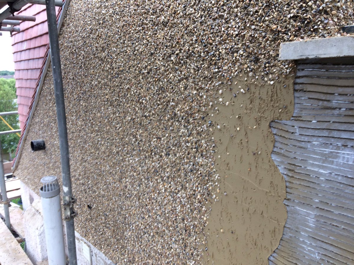 PegasusPlaster's tweet photo. Pebble dashing a gabel end after loft extension 10mm shingle #Enfield #pebbledash #pebbledashing https://t.co/k38GeCr4Cv