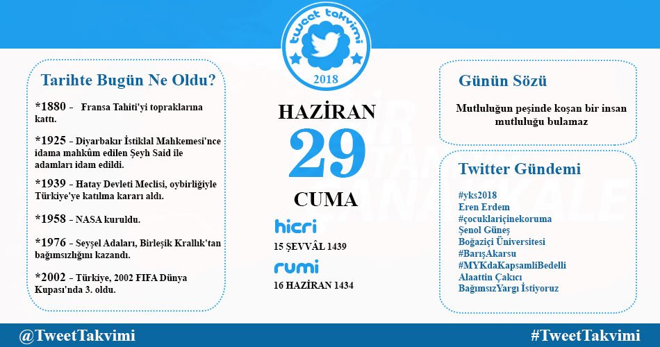 TweetTakvimi's tweet photo. #TweetTakvimi  #29Haziran #TarihteBugun #yks2018 Eren Erdem #çocuklariçinekoruma Şenol Güneş Boğaziçi Üniversitesi #BarışAkarsu https://t.co/Js9BCTWaT8
