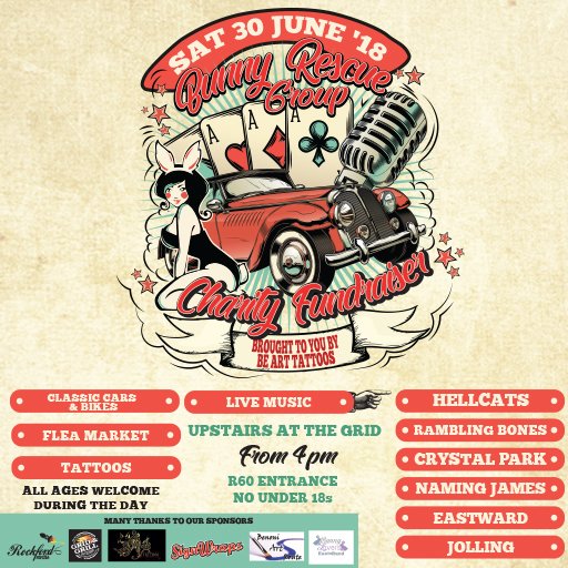 Lineup times for the LIVE MUSIC portion of the day!
4:30pm - Jolling aka Jolene East from The Mitten Fits
5:45pm - Eastward
7pm - Naming James
8:15pm - Rambling Bones
9:30pm - Crystal Park
10:45pm - Hellcats
R60 to get in for the bands, a portion goes to the Bunnies!