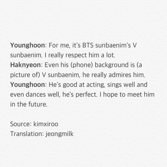 Younghoon is really such a cute die hard fanboy of Taehyung that no matter how much the members playfully tease him about it  he proudly keeps Taehyung's pictures as his phone background!!As art and love for art should not be kept hidden <33