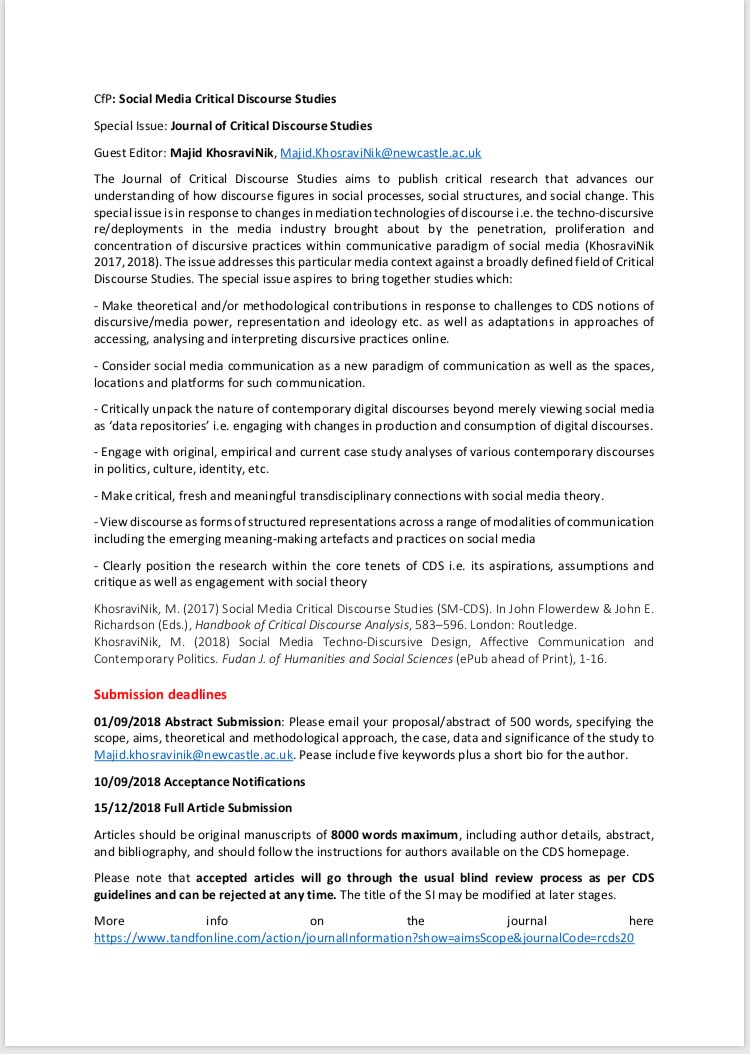 Majid KhosraviNik (@mkhosravinik) on Twitter photo CfP: Special Issue on SM-CDS for <a href="/CritDiscStuds/">CDS</a> RT much appreciated <a href="/SocialMedia_Soc/">Social Media+Society</a> <a href="/LIP_RG/">LIP Research Group</a> <a href="/MediaLSE/">LSE Media & Communications</a> <a href="/sacsncl/">SACS Newcastle Uni</a> <a href="/linguistlist/">LINGUIST List</a> <a href="/poli_com/">APSA & ICA Political Communication Divisions</a> @poldiscourse17 <a href="/CdaMethod/">CDA Method</a> @MeCCSA2019 <a href="/CadaadJournal/">CADAAD Journal</a> <a href="/LinguaSocMedia/">SocialMedia Language</a> <a href="/KelsraviNik/">Newcastle Critical Discourse Group</a> @DigiCultureKCL <a href="/DiscourseNet/">DiscourseNet</a> <a href="/Routledge_MandC/">Media, Cultural and Communication Studies</a> CfP: Special Issue on SM-CDS for <a href="/CritDiscStuds/">CDS</a> RT much appreciated <a href="/SocialMedia_Soc/">Social Media+Society</a> <a href="/LIP_RG/">LIP Research Group</a> <a href="/MediaLSE/">LSE Media & Communications</a> <a href="/sacsncl/">SACS Newcastle Uni</a> <a href="/linguistlist/">LINGUIST List</a> <a href="/poli_com/">APSA & ICA Political Communication Divisions</a> @poldiscourse17 <a href="/CdaMethod/">CDA Method</a> @MeCCSA2019 <a href="/CadaadJournal/">CADAAD Journal</a> <a href="/LinguaSocMedia/">SocialMedia Language</a> <a href="/KelsraviNik/">Newcastle Critical Discourse Group</a> @DigiCultureKCL <a href="/DiscourseNet/">DiscourseNet</a> <a href="/Routledge_MandC/">Media, Cultural and Communication Studies</a>