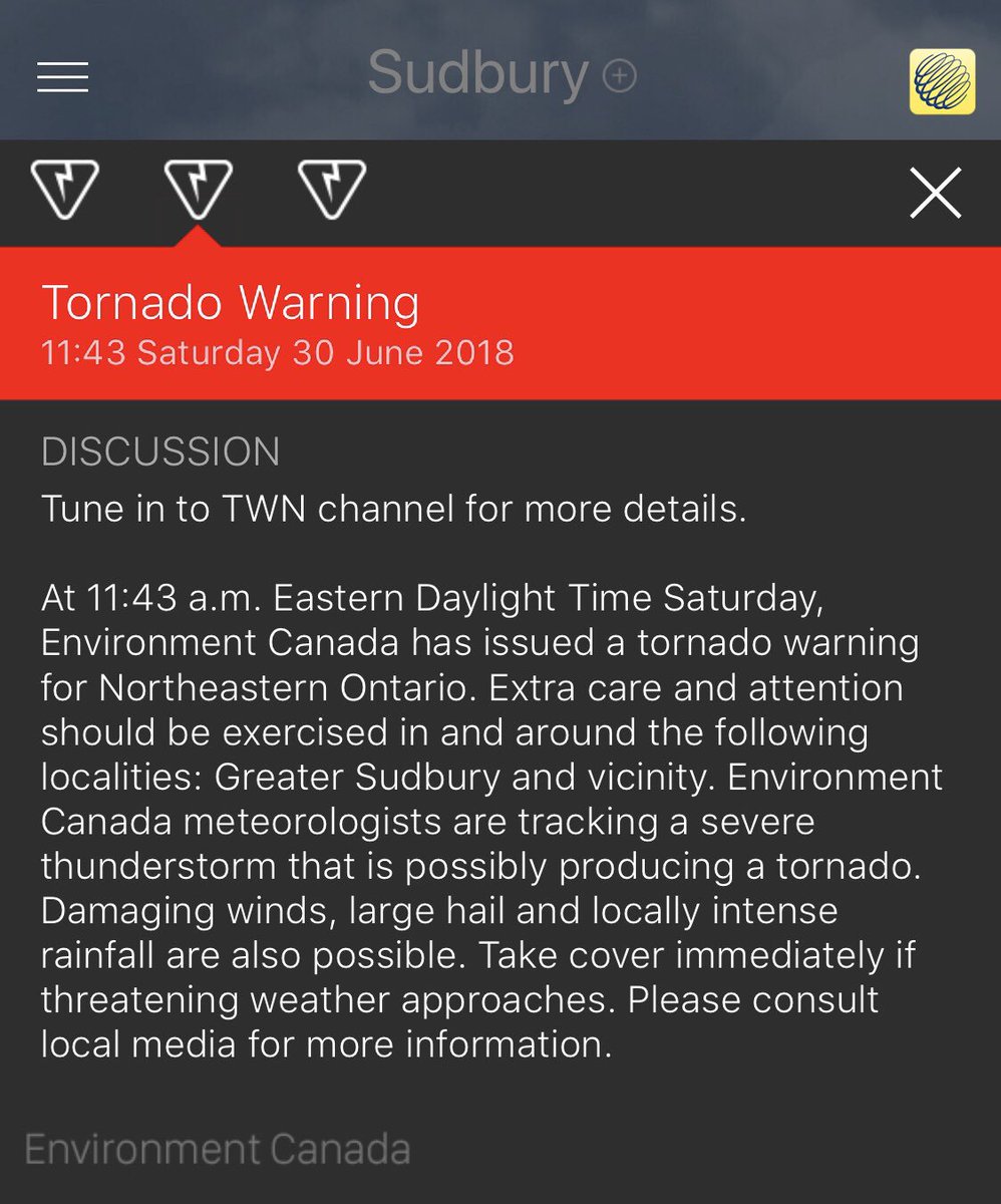 Ambassador Hotel (@ambassadorhotel) on Twitter photo Here we go again! Another tornado warning has just been issued for Sudbury. Stay safe everyone and stay tuned to <a href="/weathernetwork/">The Weather Network</a> for more info. #SudburyStorm #SummerStorm Here we go again! Another tornado warning has just been issued for Sudbury. Stay safe everyone and stay tuned to <a href="/weathernetwork/">The Weather Network</a> for more info. #SudburyStorm #SummerStorm