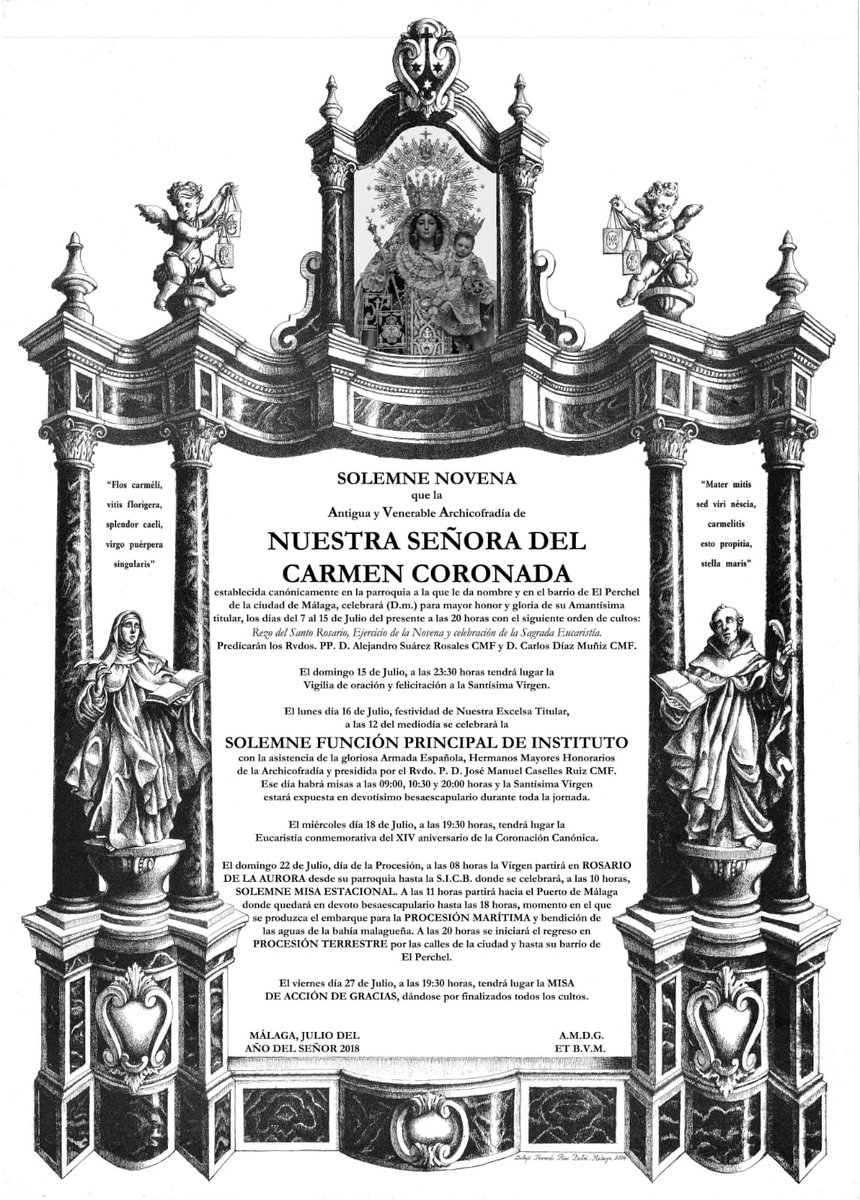 CarmenDeMalaga's tweet photo. Cuando falta una semana para que comience la Novena en honor a Ntra. Sra. del Carmen Coronada, recuperamos la convocatoria de cultos que en su día dibujó @FPrini para anunciar los mismos. #CarmenDeMálaga #MálagaDelCarmen https://t.co/KetrLwJsCm