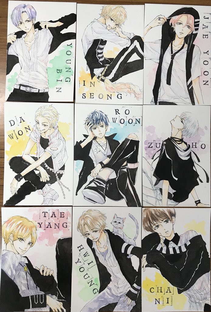 yzk_utano's tweet photo. りぼん7月号で #SF9 のレポ漫画を描かせてもらってから、もうちょっと彼らを描きたい！ってなってお仕事の合間に個人的にイラスト描きました🎀
拙くて恐縮ですが、すっっごく楽しかったー✨✨
9人分並べて大満足❣️

改めて取材ご協力いただき感謝です！
#ヨンビン #インソン #ジェユン https://t.co/Ppp31LbocF