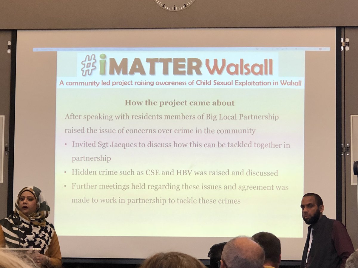 Chris_WCR's tweet photo. Arfan Zaman and @ManaNiazi from @PalfreyBigLocal talk about tackling youth exploitation in Walsall at #BLConnects. Drop in box to help police put the picture together. Fantastic commitment from @WMPolice and @LocalTrust - but some didn't want to take the lid off the issue https://t.co/4rThSKZexQ