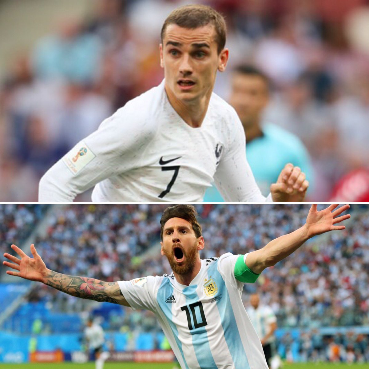 RecruitMeUSA's tweet photo. What a game this should be! Messi vs Griezmann, France vs Argentina! Who will progress to the quarter finals? Let us know in the comments, guess correct and you have a chance of winning a place at our next showcase game in Liverpool! #worldcup #showcase #scholarship #messi https://t.co/WFIzRPWjRz