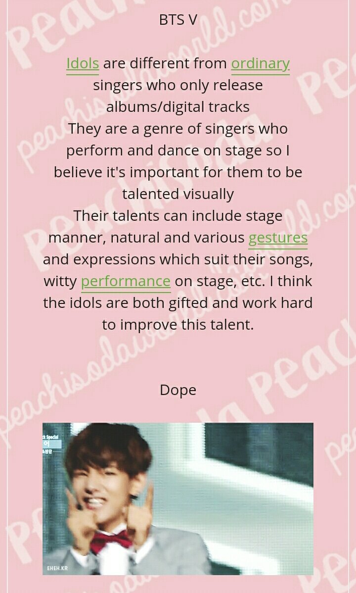 There were 2 posts from Korean sites written about it too mentioning how Taehyung's videos are used in idol's trainee room so that the idols learn stage antics from himBTS  #V   is truly an IDOL OF ALL IDOLS! He is such a phenomenon http://www.peachisodaworld.com/2017/02/instiz-170227-idol-who-is-known-as.html?m=1 http://www.peachisodaworld.com/2017/04/pann-170413-v-who-is-known-as-stage.html?m=1