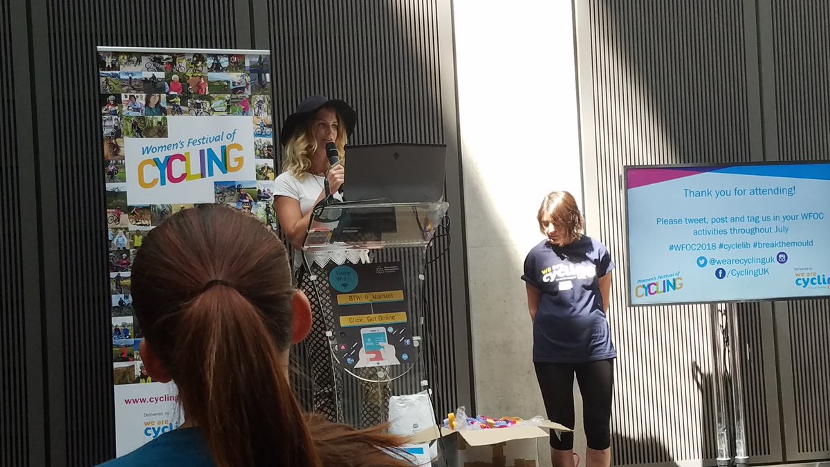 Melaniecycles's tweet photo. Anna Glowinski talking about TV, parenting (start the kids young!), and about to do the presentation to this year's @wearecyclinguk 100 Women #WFOC2018 #breakthemould #cyclelib @ThisGirlCanUK @HSBCUKBreeze https://t.co/ToUursOv7v