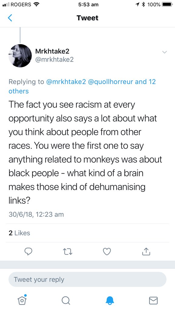 2. I’m racist. Apparebtly to mrthtake2 - a white person throwing the terms “simian”, “monkey”, “dog”, “missing link” and “g*psy” at an Indigenous person isn’t racist. I accidentally cut off where she was replying to the racist account in the 4th cap.  #TERFgoggles