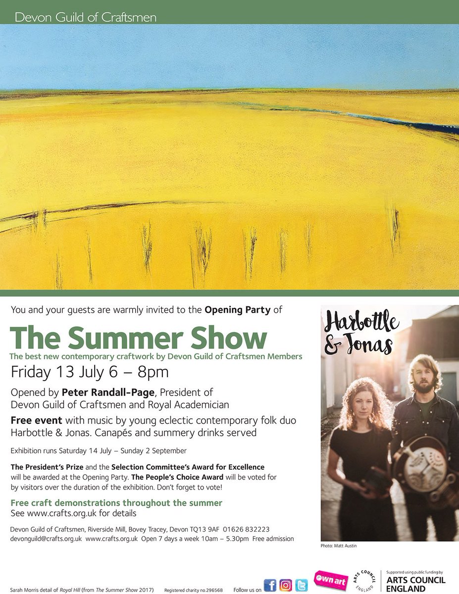 Sunshine's here at last &amp; we'll soon be opening the annual #SummerShow of #contemporary #craft by @devonguild Members. Everyone is welcome to the #exhibition #launch #party event on Friday 13 July at 6pm with #free live #music canapes &amp; #summer drinks! ow.ly/6tAY30kHVzu
