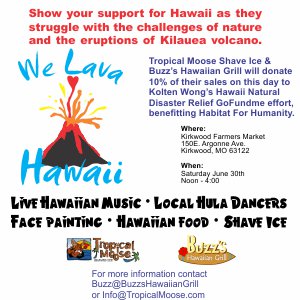 BZHawaiianGrill's tweet photo. ALOHA St. Louis!!
"We Lava Hawaii" day will kick off today at noon. Beat the heat with a Manapua and Shave ice while you listen to live Hawaiian song and dance. 
#WeLavaHawaii #Buzzs Kirkwood Farmers' Market #poke #Musubi https://t.co/vywrEDxHRJ