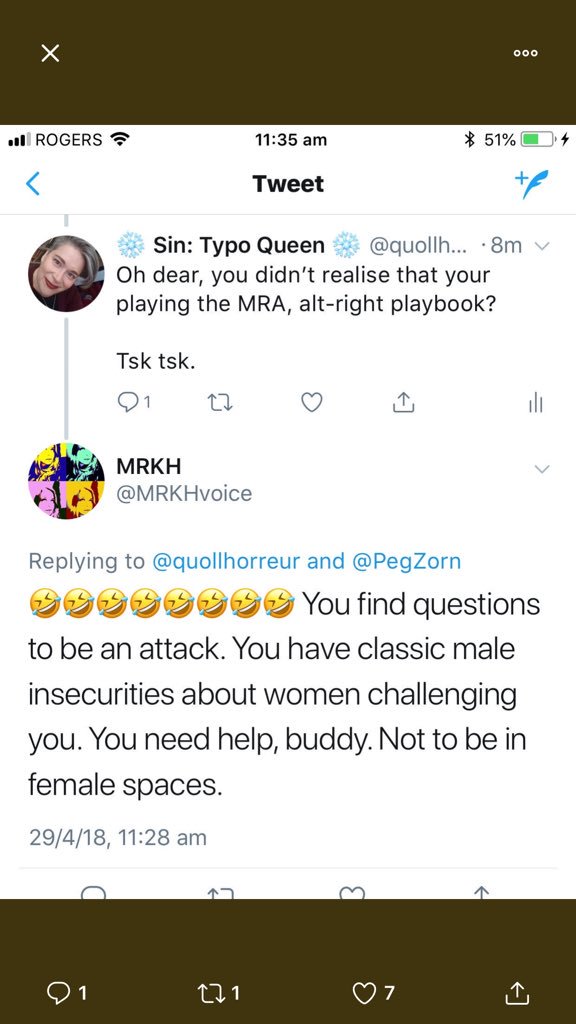 But let’s just look at the claim that I called her a man. It’s easily substantiated who has used what pronoun for whom. She even did it in the previous tweets. Oh, and some history for you. I like receipts, they always come in handy. So, I am still on - #TERFgoggles