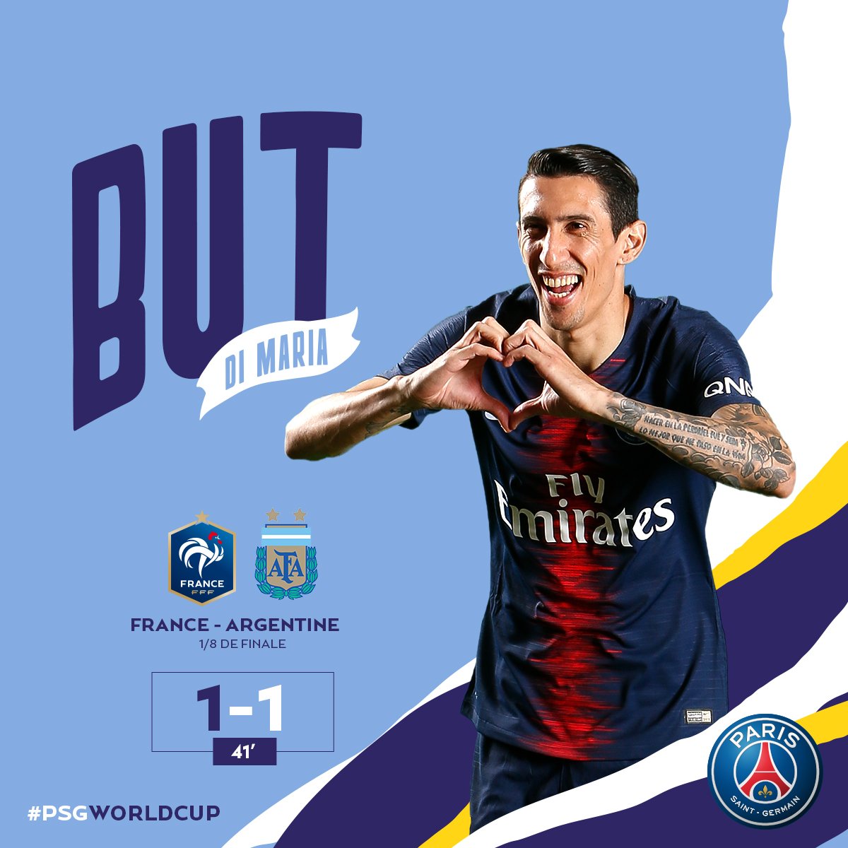 🇫🇷1⃣🆚1⃣🇦🇷 #FRAARG
⚽ 41' 

Ohhhh le missile d'Ángel Di María dans la lucarne de Lloris 💥

🏆 #PSGWorldCup