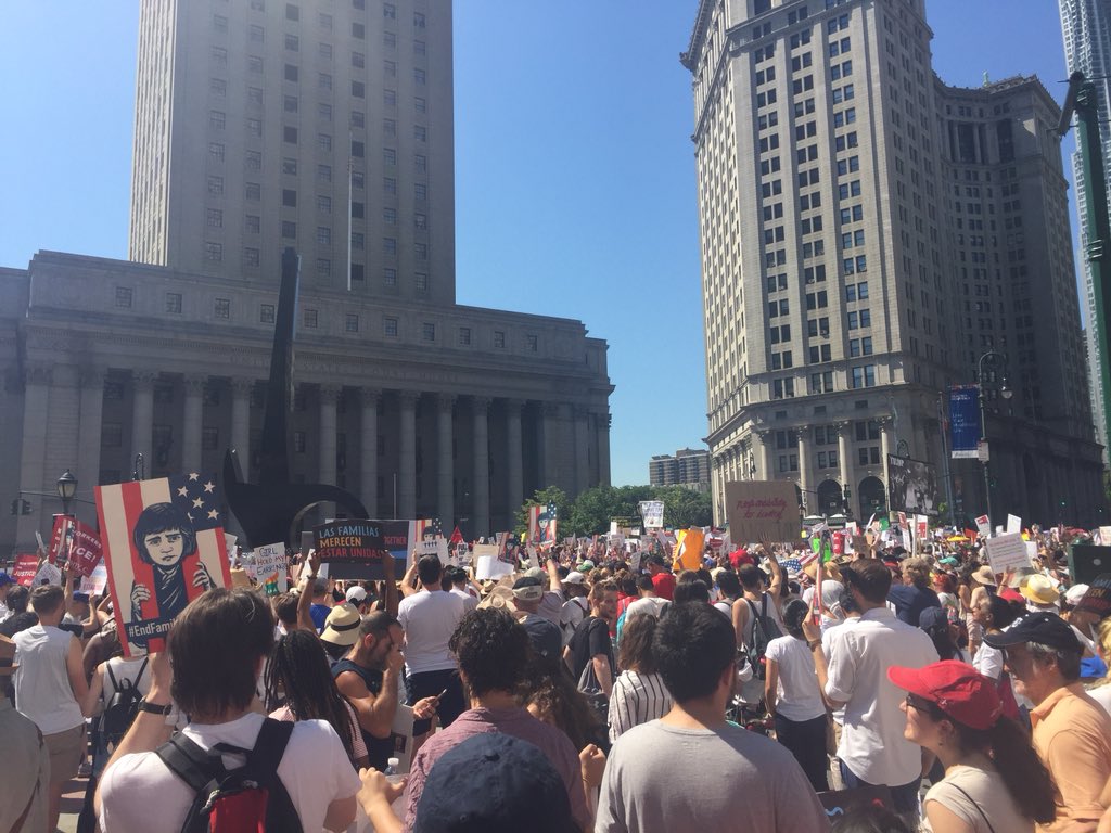 jiatolentino's tweet photo. New York protest is huge &amp; full of families, everyone fixing to walk across Brooklyn Bridge. “When I say abolish you say ICE” chant popping off right near me https://t.co/bZ8eJcMOHo