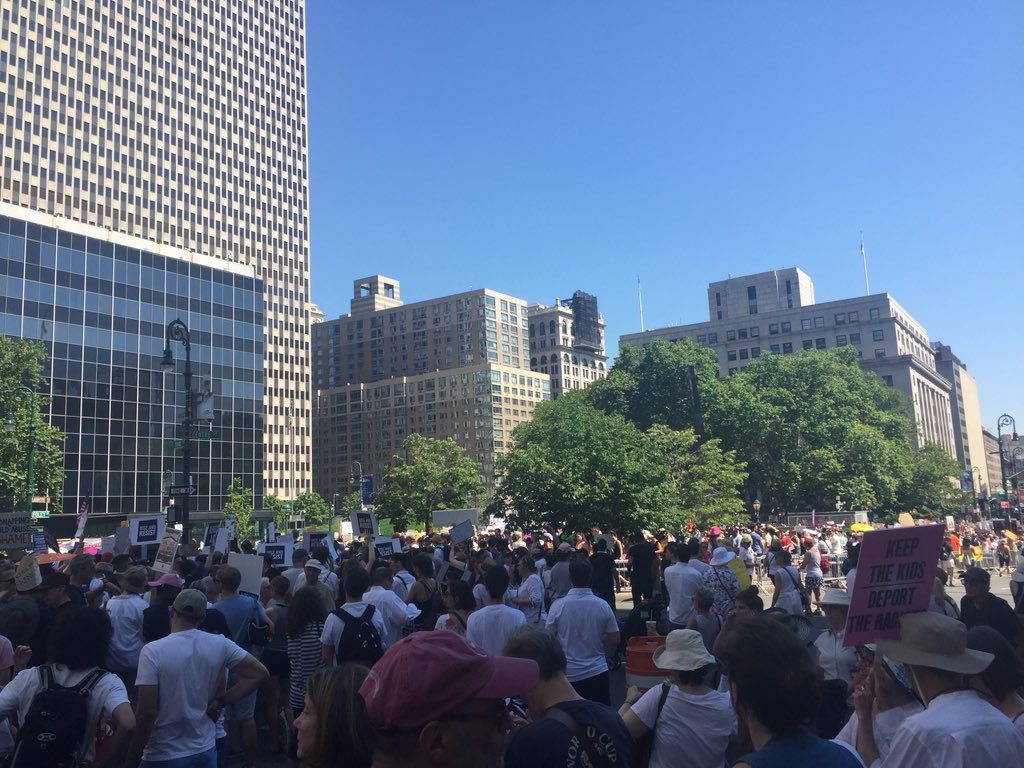 jiatolentino's tweet photo. New York protest is huge &amp; full of families, everyone fixing to walk across Brooklyn Bridge. “When I say abolish you say ICE” chant popping off right near me https://t.co/bZ8eJcMOHo
