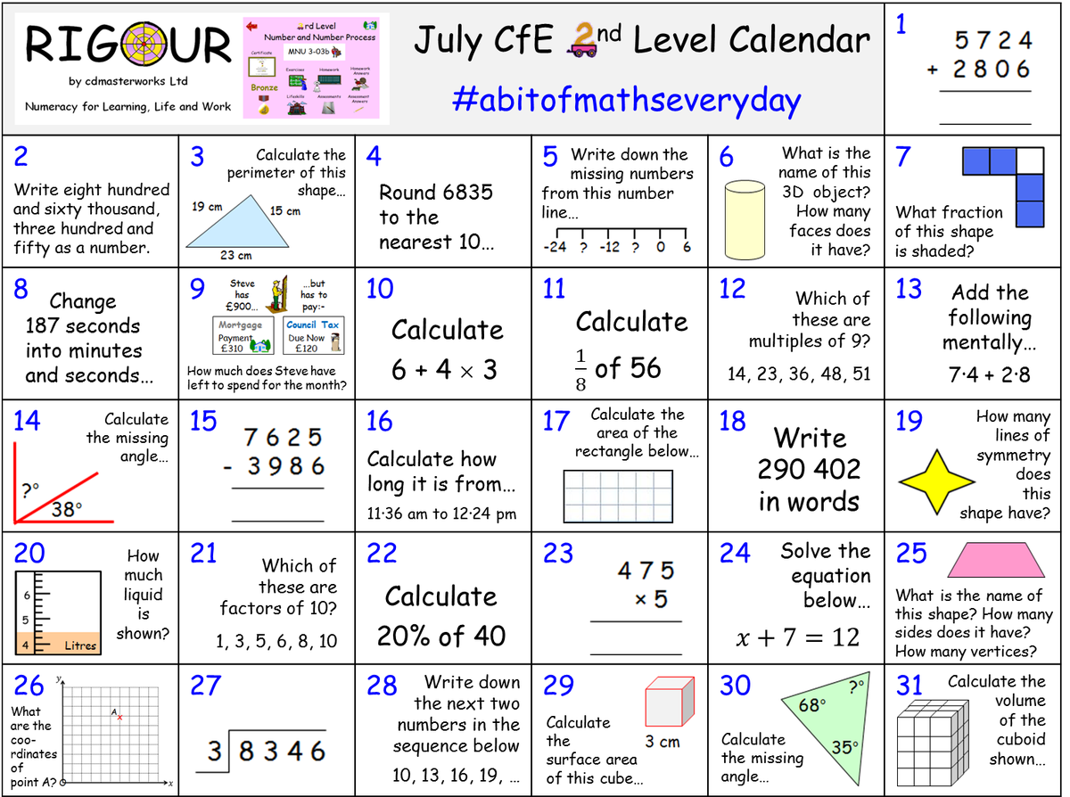RigourMaths's tweet photo. **CALLING ALL BGE Pupils** Keep your 2nd Level Numeracy/Maths skills sharp over the summer holidays with our July Calendar. Practice makes progress! Download the calendar and view the answers here; https://t.co/qoxBa8yUJH #abitofmathseveryday #littleandoften https://t.co/Dq9qEpkOwU