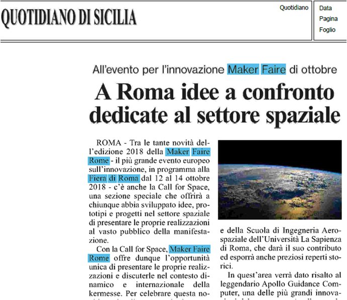 massimopiag's tweet photo. Oggi la @MakerFaireRome e la sua #callforspace sono "atterrati" sul Quotidiano di Sicilia. Gran bel pezzo, grazie a @Qds
@camcomroma @ursulapala @CurlyBB @ItsFrancys
#MFR18 https://t.co/FFM0fhOUl0