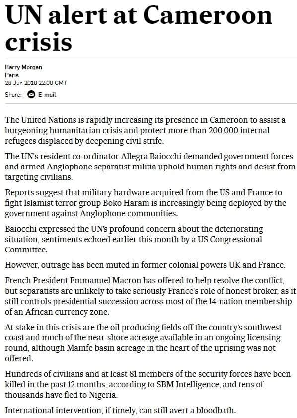 The <a href="/UN/">United Nations</a> 's resident coordinator in Cameroon <a href="/AllegraBaiocchi/">Allegra Maria del Pilar Baiocchi (she/her/hers)</a> calls for international intervention in #SouthernCameroons to avert a bloodbath btw the terrorist forces of #Cameroun And #Ambazonian restoration&amp;self defence forces. <a href="/CNN/">CNN</a> <a href="/BBCAfrica/">BBC News Africa</a> <a href="/LeahHardingAJE/">Leah Harding</a> <a href="/VOAAfrica/">VOA Africa</a> <a href="/RT_com/">RT</a>