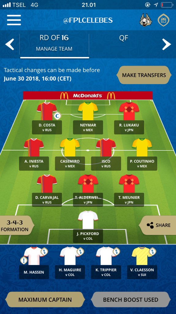 FPLCELEBES's tweet photo. Ready! 👊🏽
Round of 16 🔥
Points: 184
Rank: 2,311
#FantasyFIFA https://t.co/GRga6jIwKO