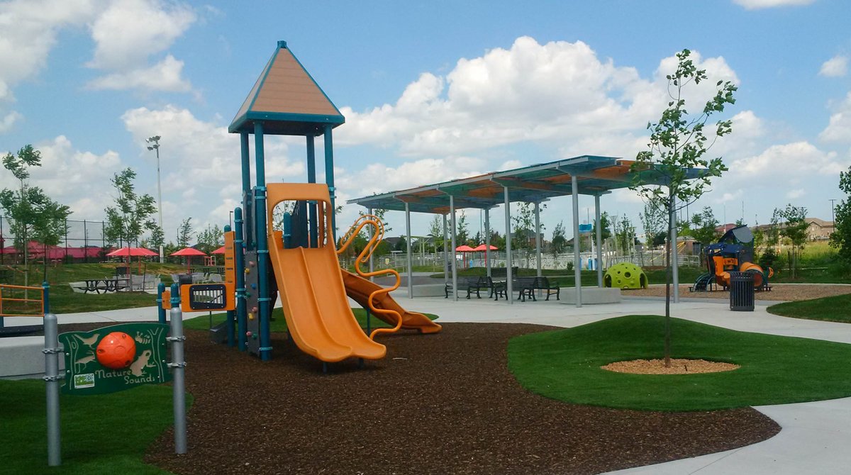CityBrampton's tweet photo. Now Open! Creditview Park Activity Hub is the first of its kind for the City of Brampton. It's a fully accessible and inclusive recreational play facility, including a spray pad to help keep kids cool this weekend - https://t.co/OtpEjq5fgY https://t.co/MDvtVTMWby
