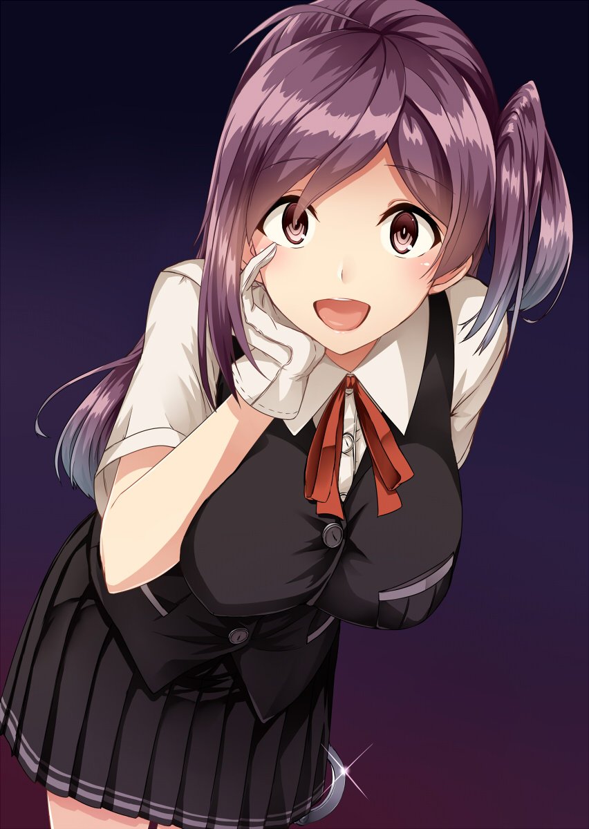 hagikaze (kancolle) 1girl solo skirt gloves purple hair vest long hair  illustration images