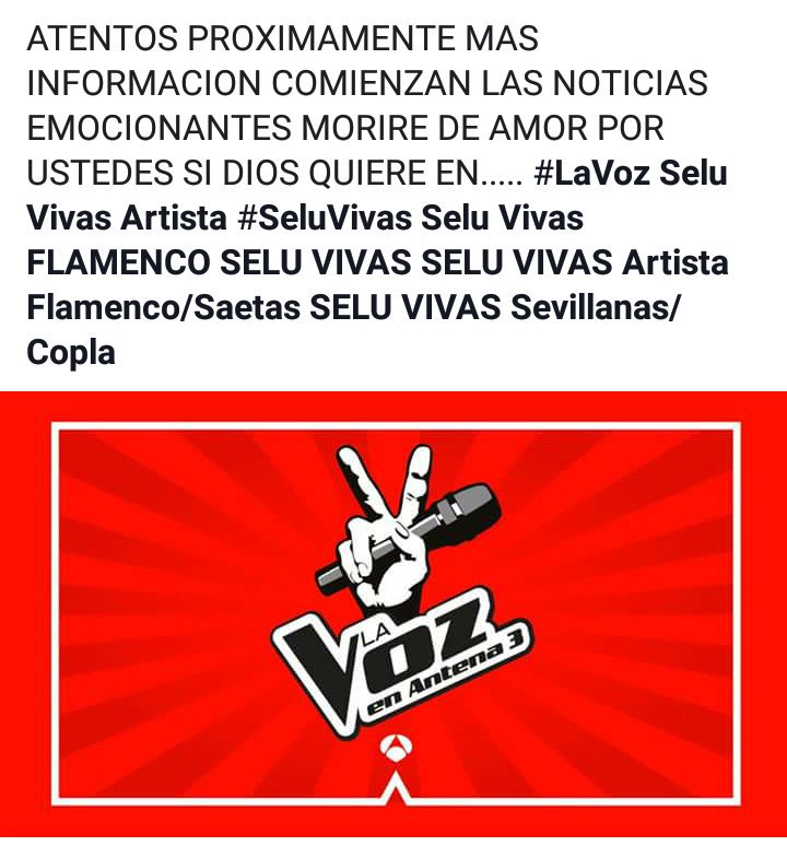 seluvivas's tweet image. ATENTOS PROXIMAMENTE MAS  INFORMACION COMIENZAN LAS NOTICIAS EMOCIONANTES MORIRE DE AMOR POR USTEDES SI DIOS QUIERE EN... #LaVoz @seluvivas   #SeluVivas #Sevilla #Televisión @antena3com #FansDeLaVoz #Antena3 #Marketing #Influencer #PymesUnidas #Rt #Difusion #Discograficas #Fans