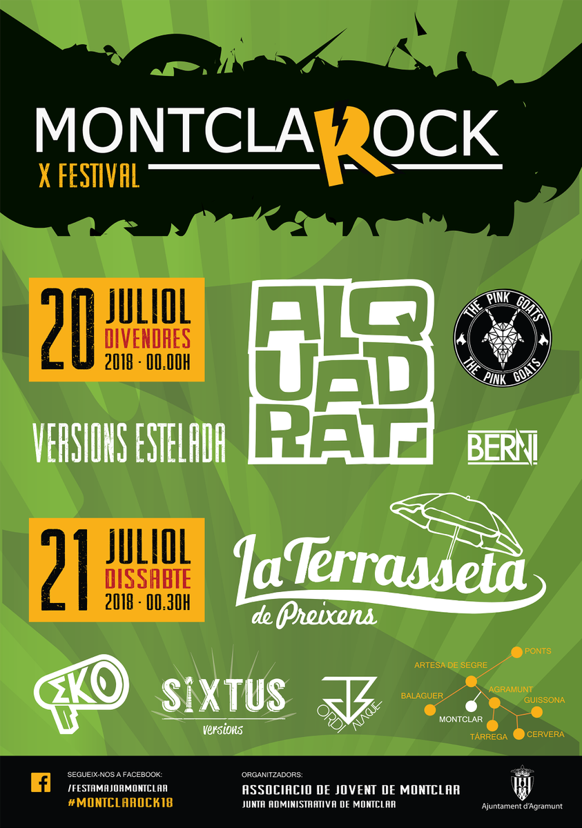 Ja tenim aquí el cartell del 10é #MontclaRock💪 Us hi esperem a tots els pròxims 20 i 21 de juliol per viure una festa increïble amb els grups Versions Estelada, <a href="/Alquadrat/">AlQuadrat</a>, The Pink Goats, EKO, <a href="/La_terrasseta/">Terrasseta Preixens</a>, Sixtus i els dj's Dj Berni i <a href="/JordiBalague/">Jordi Balagué</a>