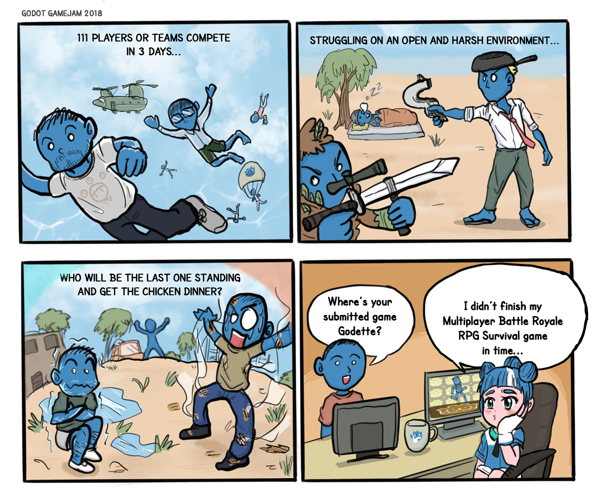 01lifeleft's tweet photo. The last day to vote on #godotjam submissions. Here's a recap of what really happened during the game jam... probably.
Thank you many Godoters for the inspirations and ideals :P.
#godotte #comic
https://t.co/WlRv5OnCoc https://t.co/FkBuwaYFnU