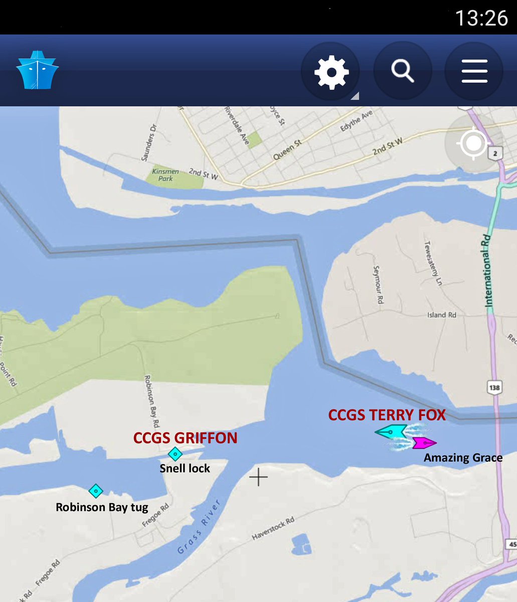 PrescottAnchor's tweet photo. 13h26 Current position of CCGS Griffon and CCGS Terry Fox #StLawrenceSeaway at Snell Lock @SeawayNNY #CCGShip #CCGProud @CoastGuardCAN https://t.co/pet24S9pHd