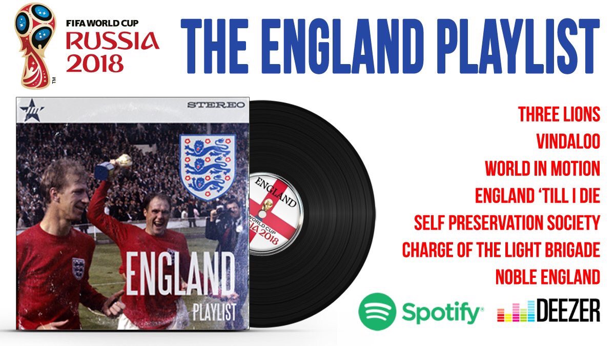 ⚽ Give this #playlist some serious English wellie! All of the big ones in preparation for today's QF with Sweden

#ThreeLions #Vindaloo #WorldCup #football #ENG #SWE #SWEENG

 🏴󠁧󠁢󠁥󠁮󠁧󠁿 SPOTIFY: spoti.fi/2t3csna
 🏴󠁧󠁢󠁥󠁮󠁧󠁿 DEEZER: bit.ly/wcdeezer