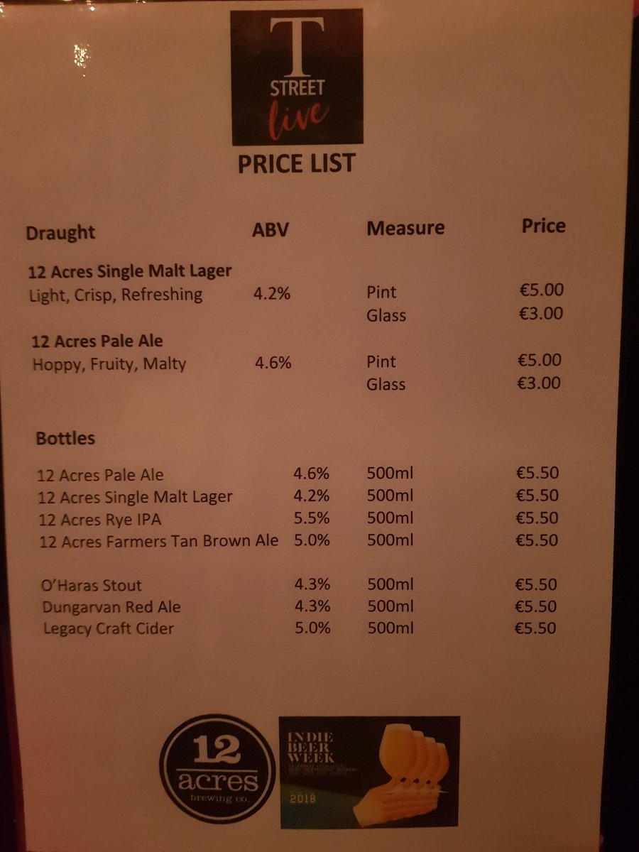 12acresbrewing's tweet photo. The beer and cider menu for gig 2 @tstreetlive for @IndieIrishBeer #Indiebeerweek with @negativecreeps Nirvana tribute nite @OHarasBeers @dungarvanbrewco @LegacyCider 🤘🤘🍺🍺🎸🎸 https://t.co/an43OQ5CMR