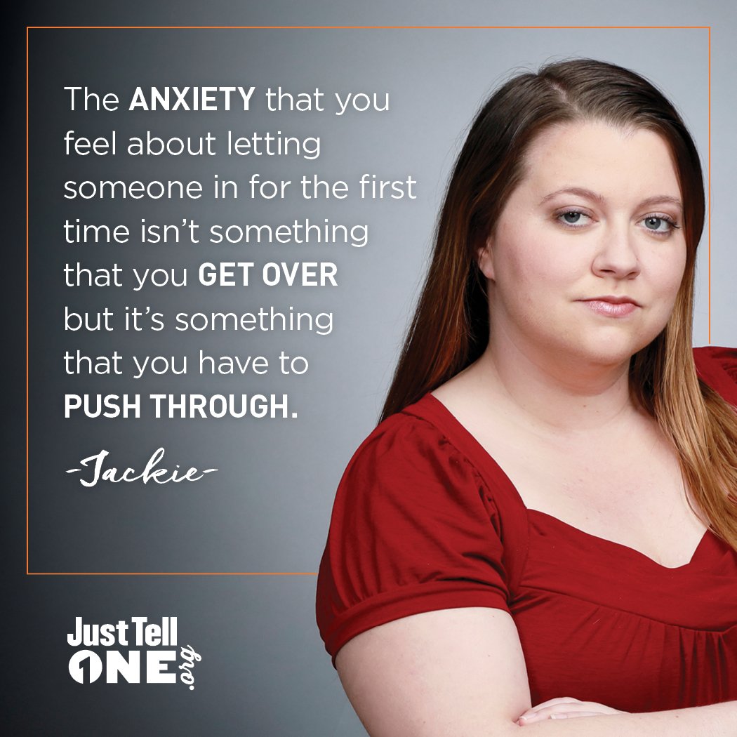 JustTellOne's tweet photo. Jackie’s #JustTellOneTip: Push through the anxiety of talking to get the help you deserve. More tips: https://t.co/qHZXKa0EL0. #mentalhealth #addiction https://t.co/Dfro9GxlI4