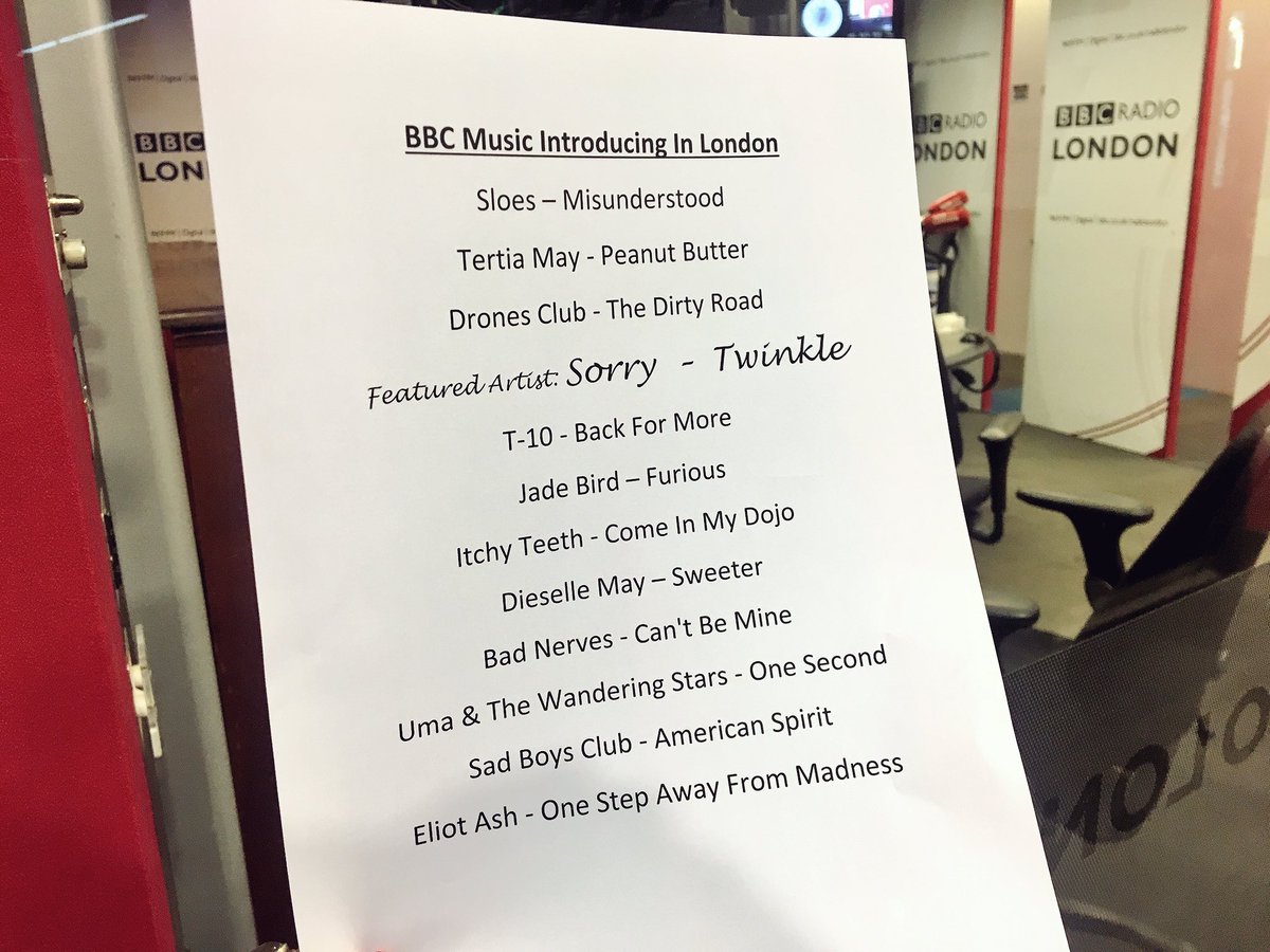 From 8-9pm we are spinning the best #newmusic London has to offer! Get involved: <a href="/BBCRadioLondon/">BBC Radio London</a>✨🎶

📻📟🎙
<a href="/Sloesmusic/">SLOES</a> 
@tertiamay 
<a href="/DronesClubMusic/">Drones Club</a> 
➡️@Sorrybanduk⬅️
<a href="/t10band/">T-10</a> 
<a href="/JadeBirdMusic/">Jade Bird</a> 
<a href="/ItchyTeethUK/">Itchy Teeth</a> 
@DieselleMay 
<a href="/BADBADNERVES/">BAD NERVES</a> 
<a href="/UmaATWS/">Uma&WanderingStars</a> 
<a href="/sadboysclb/">Sad Boys Club</a> 
<a href="/EliotAshMusic/">Eliot Ash</a>