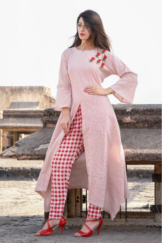 CHCH 25 COTTON BLENDED LATEST TRENDY FASHIONABLE STYLISH FANCY SUPER COOL  CHARMING STRIPED PRINTED READY TO WEAR SLIT CUT KURTI WITH PLAZO  MANUFACTURER IN INDIA NEWZEALAND USA - Reewaz International | Wholesaler