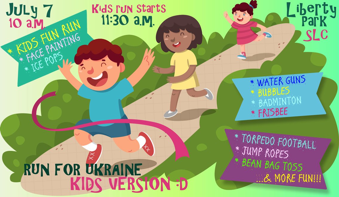 4_ukraine's tweet photo. Besides the 5K for adult runners, #run4ukraine has a Kids Fun Run too! And lots of other fun activities for your entire family! 😁🤸‍♀️🤸‍♂️☀️🎈🏈✨🏸😊 See you guys at Liberty Park on July 7!! #KidsFunRun #FunRun #running #FamilyEvent #LibertyPark #SLC #Utah #5K #KidsRun https://t.co/hpF6ZsBXNm