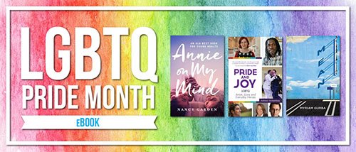 a rainbow colored background with several book covers of LGBTQ themed fiction books