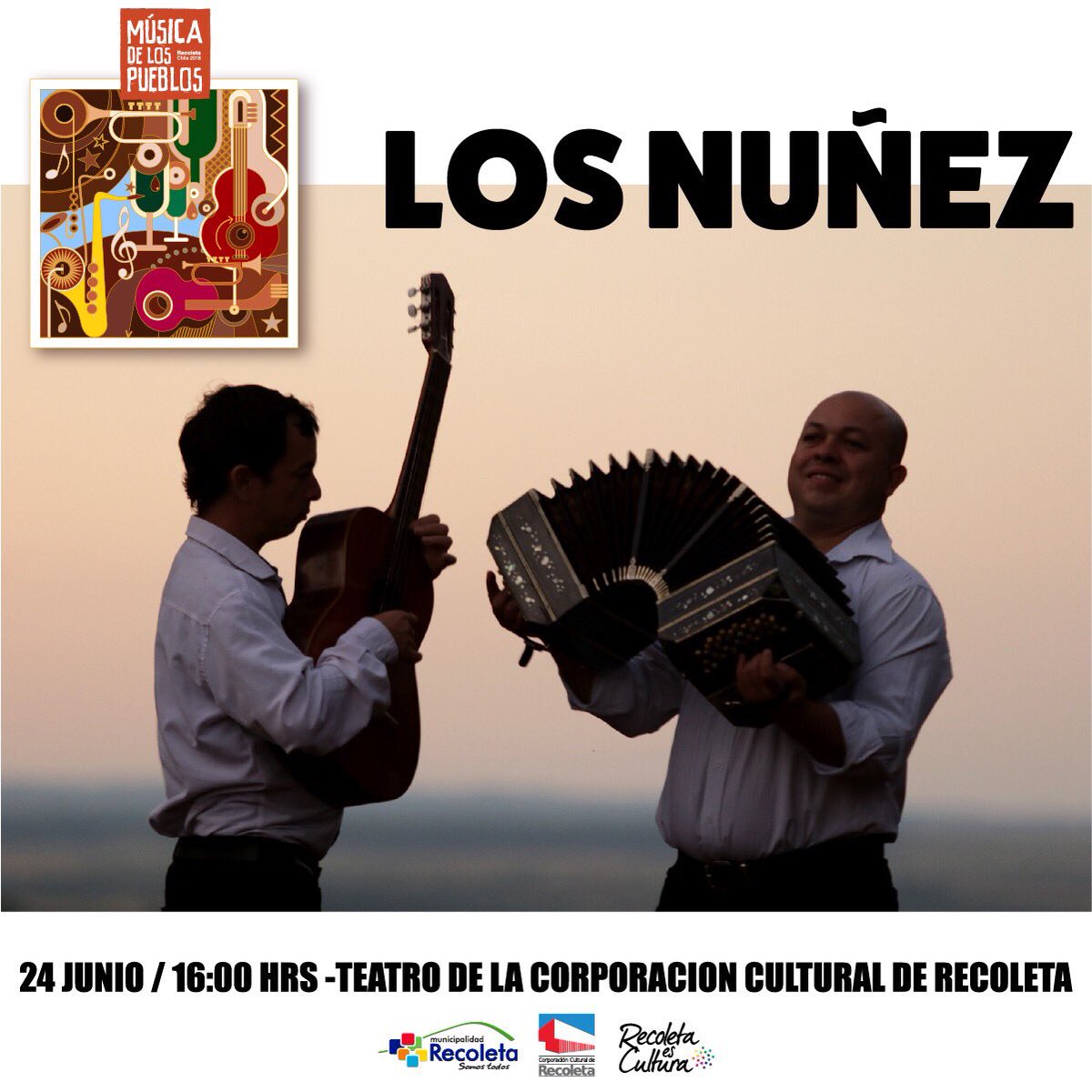 Este domingo 24 de junio ven a disfrutar de la música de #LosNúñez en una nueva sesión de #MúsicadelosPueblos la antesala de <a href="/WomadChile/">WOMAD Chile</a> 2019! #EntradaLiberada en el teatro de <a href="/CulturaRecoleta/">Cultura Recoleta</a> te esperamos a las 16:00 horas.