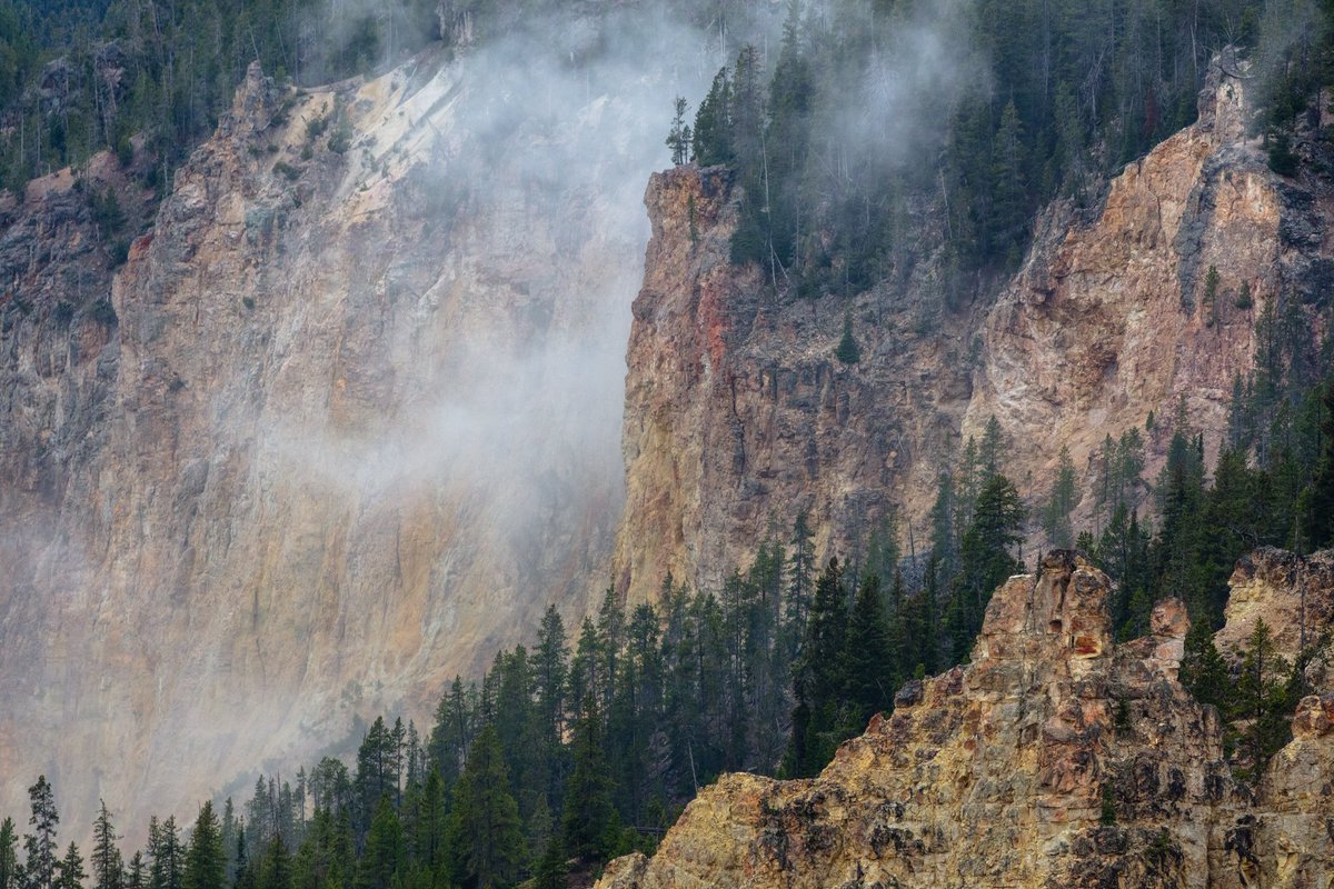 Colorful rock and evergreen trees are slightly obscured by mist in the air.