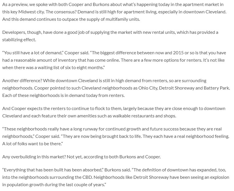 "Cleveland's multifamily boom not slowing yet"Cleveland metro population still falling, downtown must be drawing people from the burbs.....probably going to be some MF defaults out there http://www.rejournals.com/cleveland-s-multifamily-boom-not-slowing-yet-20180618