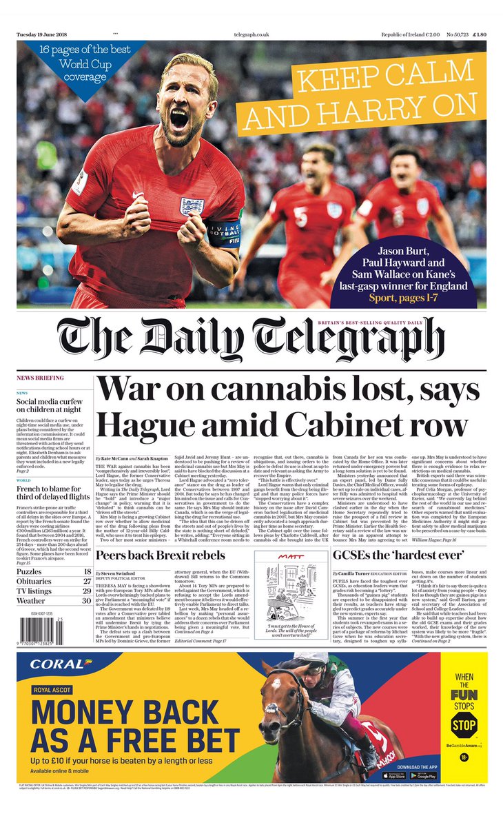 BBCHelena's tweet photo. Tuesday’s The Daily Telegraph: War on cannabis lost, says Hague amid Cabinet row #tomorrowspaperstoday https://t.co/OttyDy6SZb