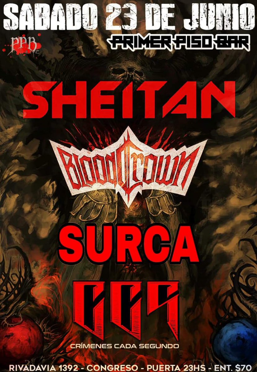 sheitanmetal's tweet photo. Este sábado volvemos a #PrimerPisoBar junto a #CrimenesCadaSegundo #Surca y #BloodCrown. https://t.co/d9e2dxsKfV