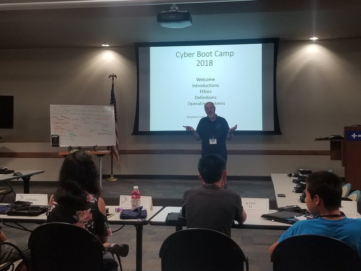 ESET's tweet image. .@ESET Senior Security Researcher Stephen Cobb (@zcobb) speaks to @soecsd #CyberBootCamp students. Cyber Boot Camp teams receive five days of intense training in the art of defending computer systems.