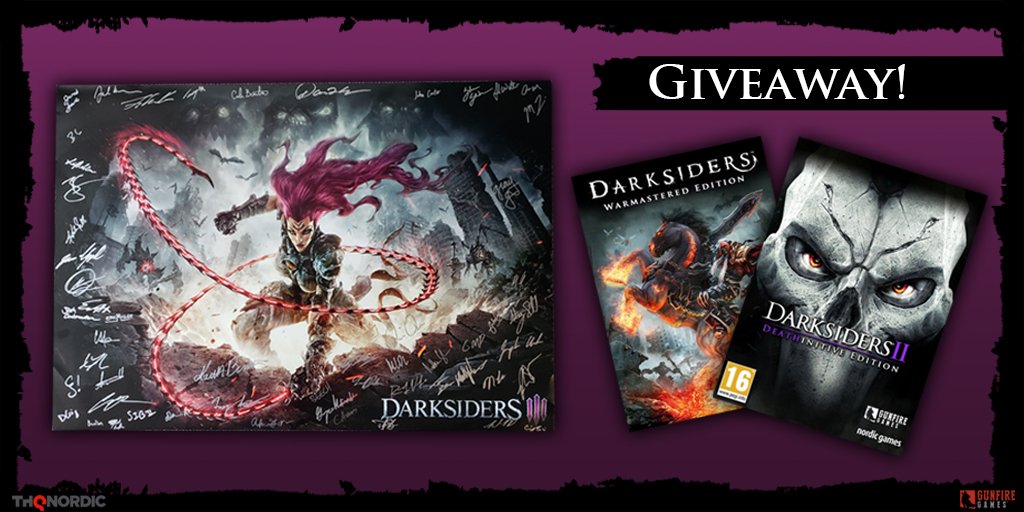 darksiders's tweet photo. GIVEAWAY TIME! @gunfire_games is giving away #Darksiders 3 posters and the Remastered first 2 games on PC!!  Now is your chance!! Share + like + comment to spread the love! ENTER HERE >> https://t.co/AjpzHDKFoC
#GiveawayAlert #win https://t.co/yw62v5w8P1