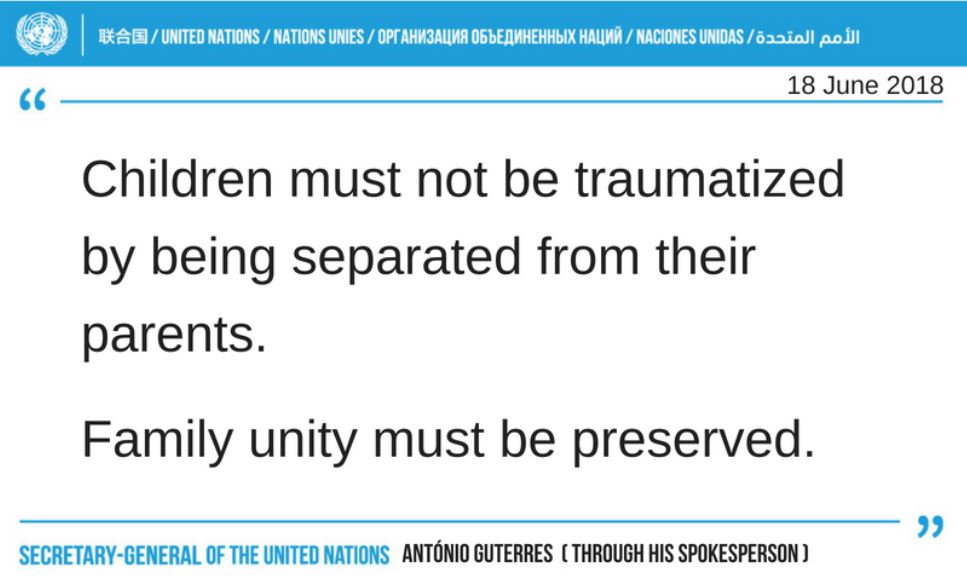 UN's tweet photo. "Children must not be traumatized by being separated from their parents. Family unity must be preserved." -- @UN_Spokesperson for @antonioguterres
https://t.co/DDD5T0XTfB https://t.co/Y3uIBQLFUg