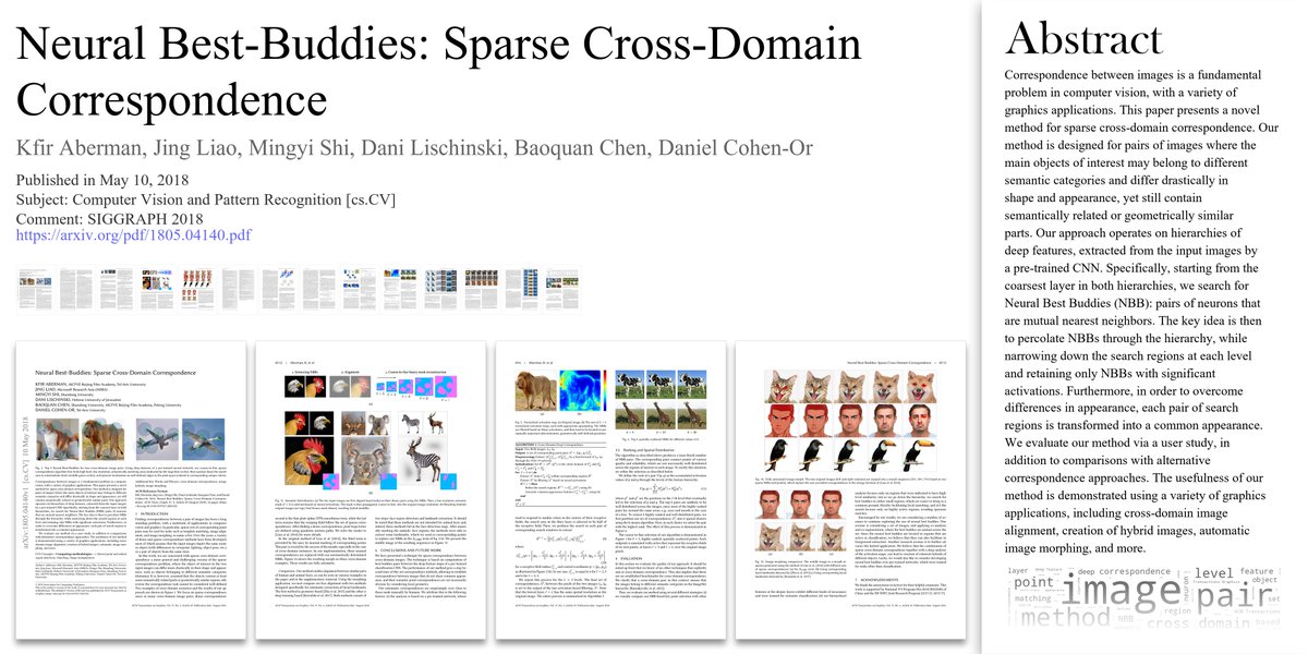 arxivtrends's tweet image. ๐ค Neural Best-Buddies: Sparse Cross-Domain Correspondence
โ๏ธ Kfir Aberman et al.
๐ arxiv.org/pdf/1805.04140โฆ
๐ Tweeted by @hardmaru et al.
#ComputerVisionandPatternRecognition#crossdomaincorrespondence #imagehybrids #imagemorphing #csCV